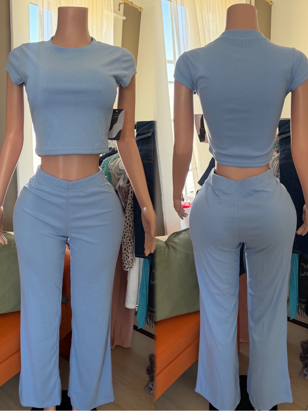 Light Blue Ribbed Crop Top & Lounge Pants Set